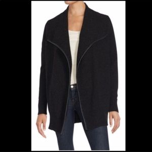 Vince navy blue lamb Leather trim Wool & Yak Sweater open ribbed knit ca…